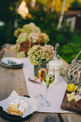 Obraz na płótnie Canvas Romantic summer table outdoors with cheese and ham, fruits and white wine on wooden table decorated with flowers