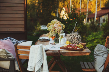 rustic summer outdoor table setting in evening garden with wine, cheese and fruits
