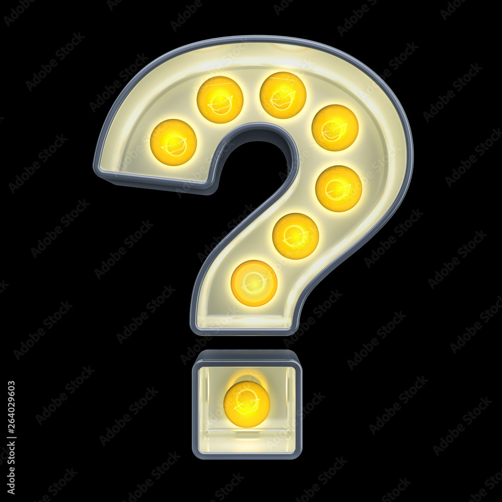 Poster light bulb question mark, retro glowing font. 3d rendering
