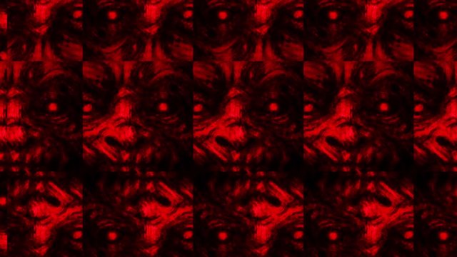 Scary zombie faces with kaleidoscope effect. Digital 2D animation. Horror fantasy genre. Angry bloody devil heads. Suspense movie. Spooky animated Vj loop video clip. Red and black background color. 