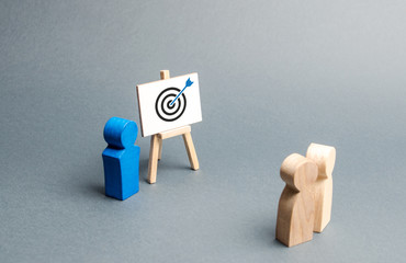 The leader explains employee tactics of advertising targeting. Training, briefing. Search...