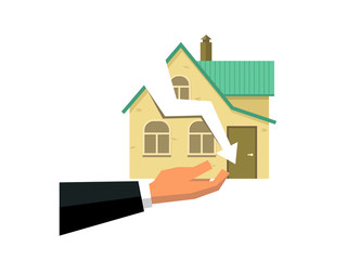 Fototapeta na wymiar Businessman hand holds house with crack on wall like graph arrow fall down. Crashing housing market, investment concept or low money price for buying new home. Flat vector illustration