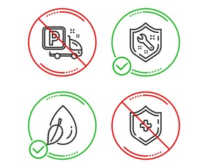 Fototapeta premium Do or Stop. Spanner, Water drop and Truck parking icons simple set. Medical shield sign. Repair service, Mint leaf, Free park. Medicine protection. Business set. Line spanner do icon. Vector