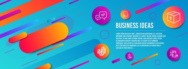 Header banner. Package, Unlock system and Approve icons simple set. Sun protection, Coins and Flight destination signs. Delivery pack, Access granted. Business set. Line package icon. Vector