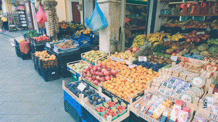 Fresh produce for sale outside shop in old town Corfu, Greece