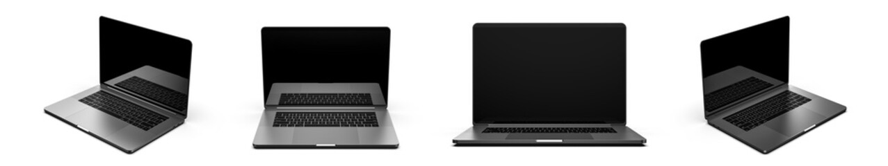 Set of laptops with blank screen isolated on white background, dark aluminium body. Whole in focus....