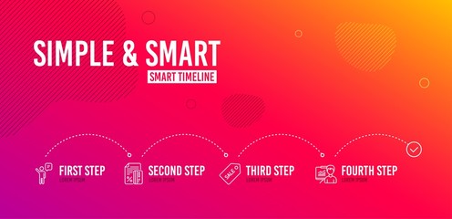 Infographic timeline. Credit card, Sale ticket and Agent icons simple set. Presentation sign. Loan percent, Discount coupon, Business person. Education board. Business set. 4 steps layout. Vector