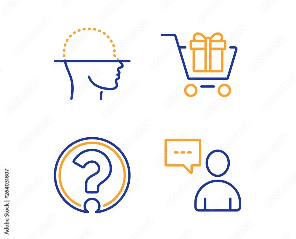 Poster question mark, shopping cart and face scanning icons simple set. users chat sign. ask support, gift 