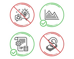 Do or Stop. Settings blueprint, Idea and Investment graph icons simple set. Cashback sign. Report document, Solution, Investment infochart. Financial transfer. Business set. Vector