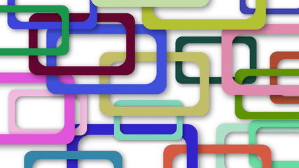 Abstract illustration of randomly arranged colored rectangle frames with soft shadows on white background