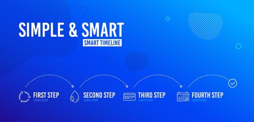 Infographic timeline. Credit card, Leaf dew and Recycling icons simple set. Calendar graph sign. Card payment, Water drop, Reduce waste. Annual report. Business set. 4 steps layout. Vector