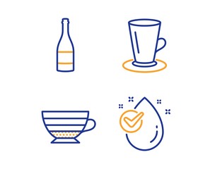 Teacup, Champagne bottle and Cappuccino icons simple set. Water drop sign. Tea or latte, Anniversary alcohol, Coffee cup. Clean aqua. Food and drink set. Linear teacup icon. Colorful design set