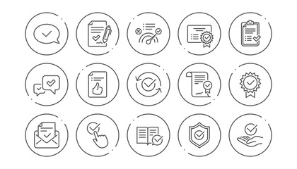 Approve line icons. Checklist, Certificate and Award medal. Thumbs up certified document linear icon set. Line buttons with icon. Editable stroke. Vector