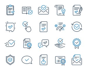 Approve line icons. Set of Checklist, Certificate and Award medal icons. Certified document, Accepted approve and Confirm mail. Guarantee, Check mark and Correct agreement. Checklist document. Vector