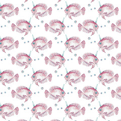 Watercolor seamless pattern with pink unicorn fish. Hand-drawn illustration.