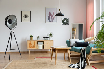 Real photo of bright sitting room interior with mirror, cupboard with books, decor and fresh...