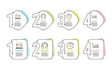 Headphones, Vinyl record and Best manager icons simple set. Graph sign. Earphones, Retro music, Best developer. Presentation diagram. Education set. Infographic timeline. Line headphones icon. Vector