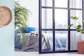 Urban jungle in open plan trendy apartment interior with mullions wall