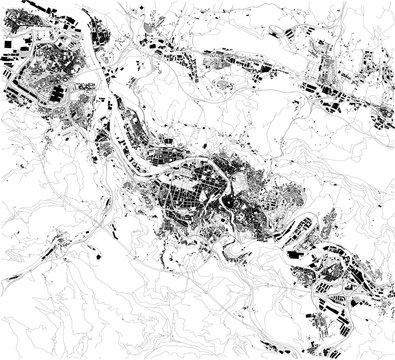 Satellite map of Bilbao, it is a city in northern Spain, the largest city in the province of Biscay and in the Basque Country. Map of streets and buildings of the town center. Europe