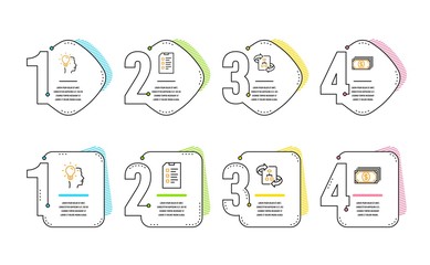 Technical algorithm, Idea and Checklist icons simple set. Payment sign. Project doc, Professional job, Data list. Finance. Education set. Infographic timeline. Line technical algorithm icon. Vector