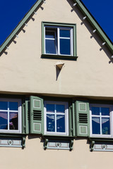 historical house facades and rooftops on blue sky
