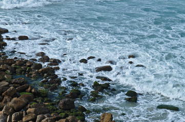 Sea, Waves and Rocks in Consolacao Beach. Peniche, Portugal