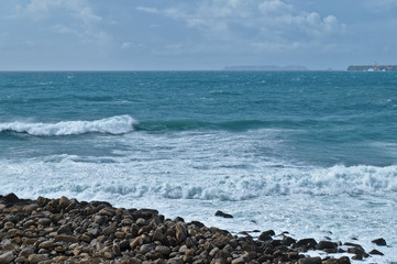 Sea, Waves and Rocks in Consolacao Beach. Peniche, Portugal