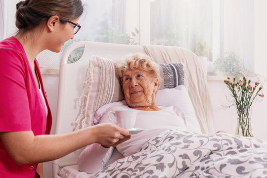 Positive senior patient lying in hospital bed with helpful nurse in pink uniform at her site
