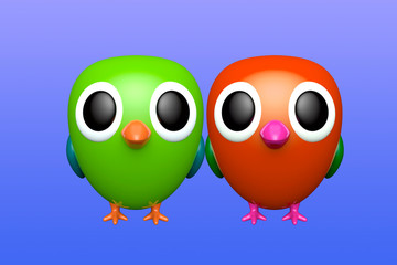 Couple of parrots. Cute cartoon character. 3d rendering