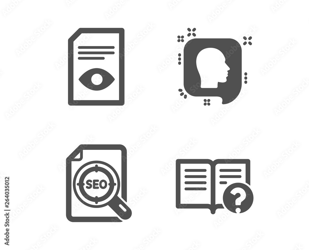 Poster set of head, seo file and view document icons. help sign. profile messages, search document, open fi
