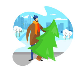 Fototapeta premium Bearded Man in Winter Hat and Coat Hold Fir-Tree.