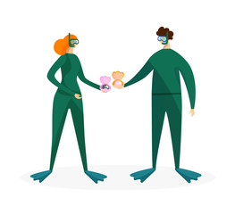Snorkeling Man and Woman Holding Shells with Pearl © Mykola
