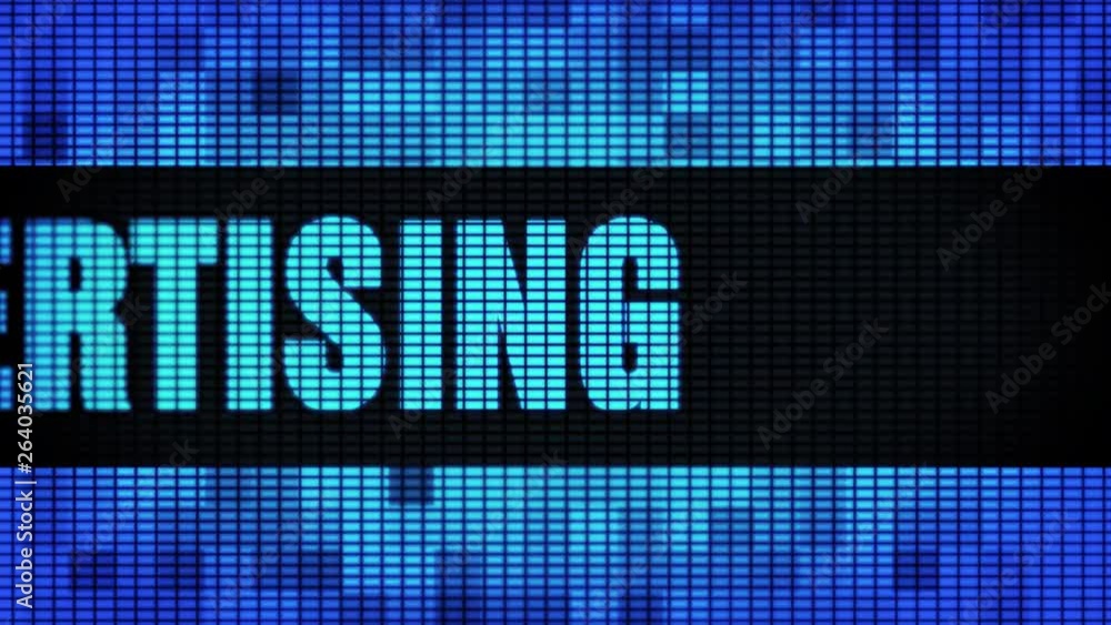 Poster native advertising front text scrolling on light blue digital led display board pixel light screen l