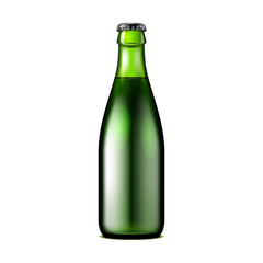 Glass Dark Green Beer, Ale, Cider Bottle. Carbonated Soft Drink. Mock Up Template. Illustration Isolated On White Background. Ready For Your Design. Product Packaging. Vector EPS10