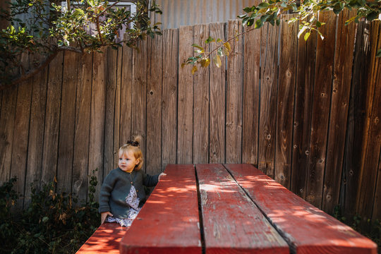 Cute Girl Sitting At A Red Picnic Table Under An Apple Tree In The Sun