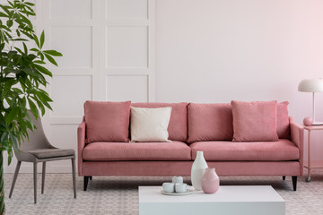 Trendy grey chair next to pastel pink couch with pillows in fashionable living room, copy space on empty wall