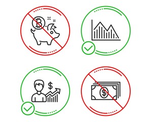 Do or Stop. Investment graph, Business growth and Bitcoin coin icons simple set. Banking sign. Investment infochart, Earnings results, Piggy bank. Money payment. Finance set. Vector