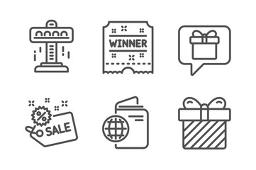Wish list, Attraction and Winner ticket icons simple set. Travel passport, Sale and Surprise signs. Present box, Free fall. Holidays set. Line wish list icon. Editable stroke. Vector