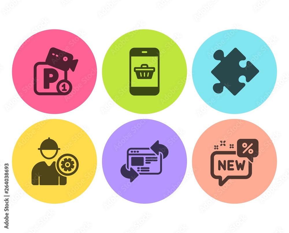 Poster refresh website, smartphone buying and strategy icons simple set. engineer, parking security and new
