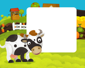 cartoon happy and funny farm scene with happy cow - with frame space for text - illustration for children