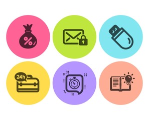 Timer, Secure mail and Loan icons simple set. 24h service, Usb stick and Product knowledge signs. Time management, Private e-mail. Business set. Flat timer icon. Circle button. Vector