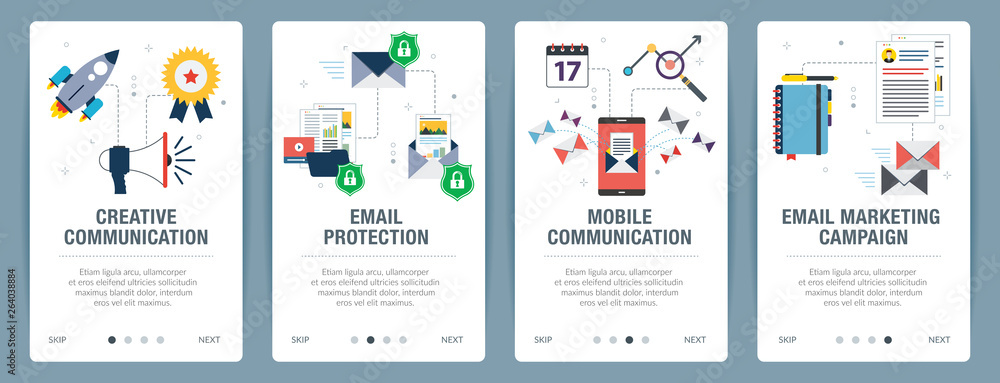 Poster vector set of vertical web banners with communication, email protection, mobile communication and em