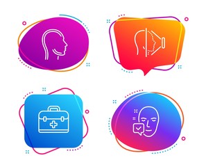 First aid, Face id and Head icons simple set. Face accepted sign. Medicine case, Phone scanning, Human profile. Access granted. Healthcare set. Speech bubble first aid icon. Vector