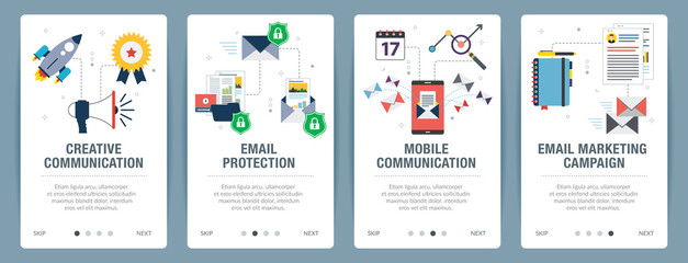 Vector set of vertical web banners with communication, email protection, mobile communication and email marketing.Vector banner template for website and mobile app development with icon set.