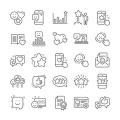 Feedback line icons. User Opinion, Customer service and Star Rating icons. Testimonial, Positive negative emotion, Client satisfaction. Social media feedback, star rating technology. Vector