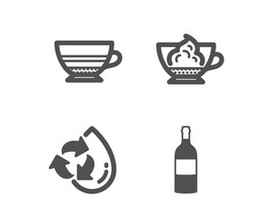 Set of Mocha, Espresso cream and Recycle water icons. Wine bottle sign. Coffee cup, Cafe con panna, Refill aqua. Cabernet sauvignon.  Classic design mocha icon. Flat design. Vector