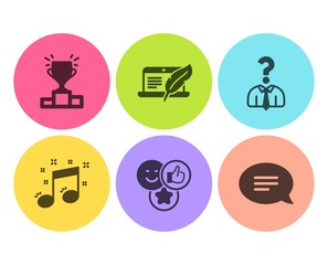 Copyright laptop, Like and Musical note icons simple set. Winner podium, Hiring employees and Chat signs. Writer device, Social media likes. Business set. Flat copyright laptop icon. Circle button