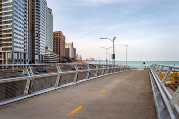 The Lakefront Flyover pedestrian path is along Lake Shore Drive near Navy Pier. Main streets in Chicago, streets in Illinois.