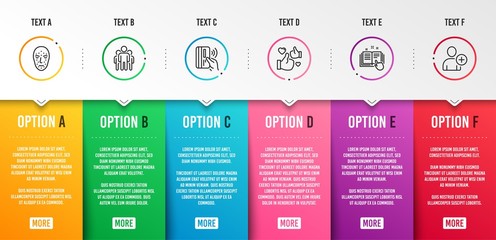 Contactless payment, Group and Face biometrics icons simple set. Technical documentation, Like and Add user signs. Bank money, Managers. People set. Infographic template. 6 steps timeline. Vector