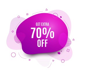 Fluid badge. Get Extra 70% off Sale. Discount offer price sign. Special offer symbol. Save 70 percentages. Abstract shape. Color gradient sale banner. Flyer liquid design. Vector